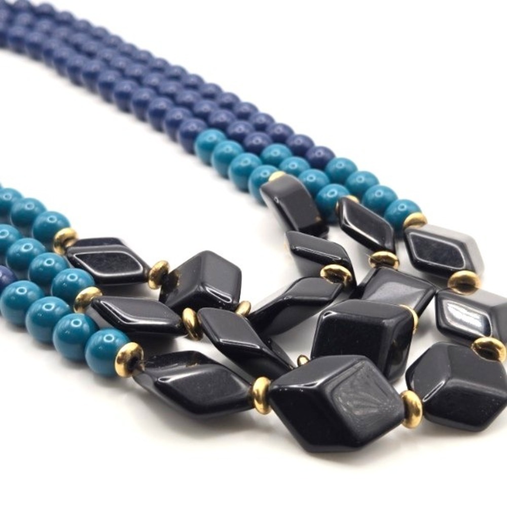Vintage 3 Strand Bead Necklace Navy Blue Turquoise Black Statement Jewelry